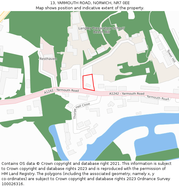 13, YARMOUTH ROAD, NORWICH, NR7 0EE: Location map and indicative extent of plot