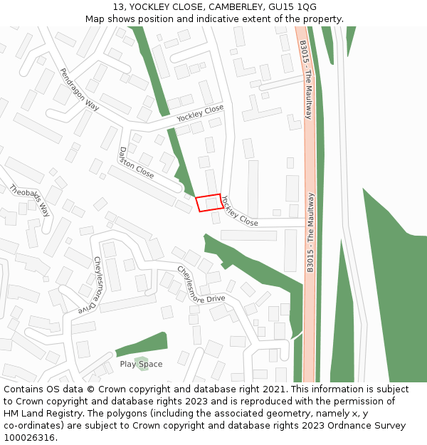 13, YOCKLEY CLOSE, CAMBERLEY, GU15 1QG: Location map and indicative extent of plot