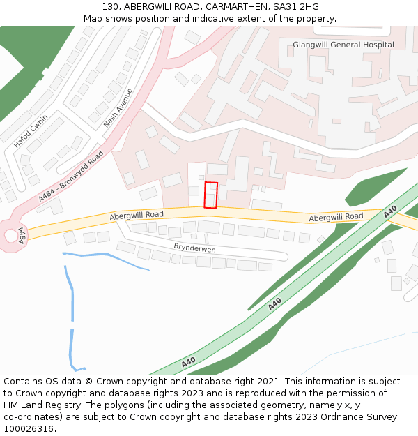 130, ABERGWILI ROAD, CARMARTHEN, SA31 2HG: Location map and indicative extent of plot