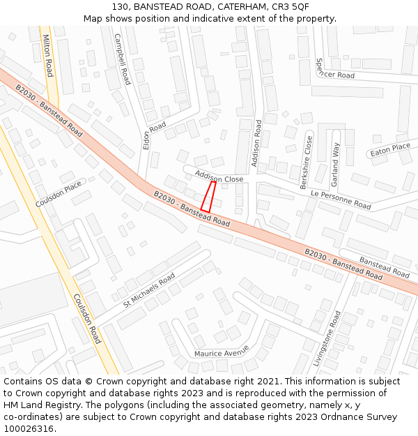 130, BANSTEAD ROAD, CATERHAM, CR3 5QF: Location map and indicative extent of plot