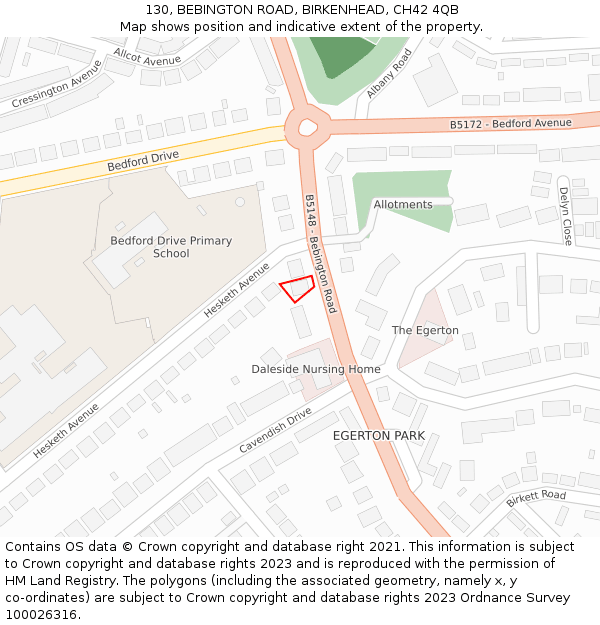 130, BEBINGTON ROAD, BIRKENHEAD, CH42 4QB: Location map and indicative extent of plot