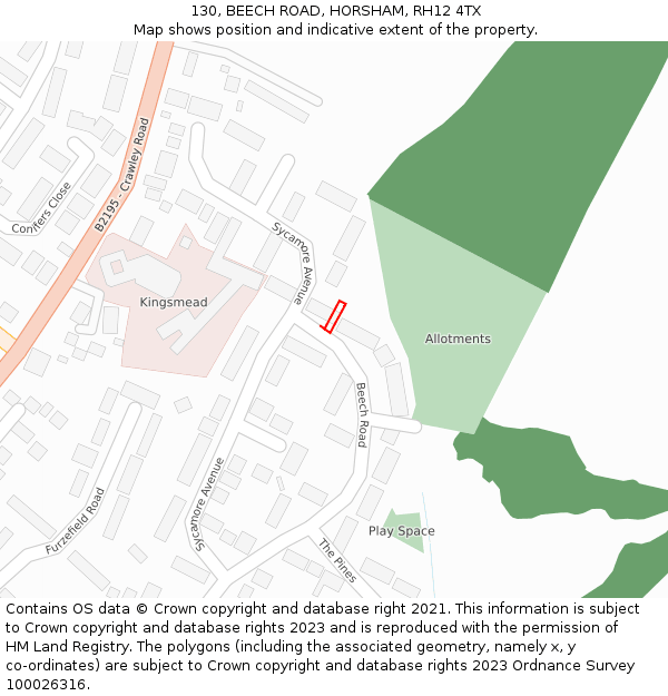 130, BEECH ROAD, HORSHAM, RH12 4TX: Location map and indicative extent of plot