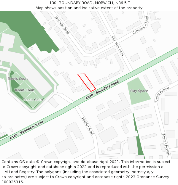 130, BOUNDARY ROAD, NORWICH, NR6 5JE: Location map and indicative extent of plot