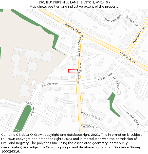 130, BUNKERS HILL LANE, BILSTON, WV14 6JY: Location map and indicative extent of plot