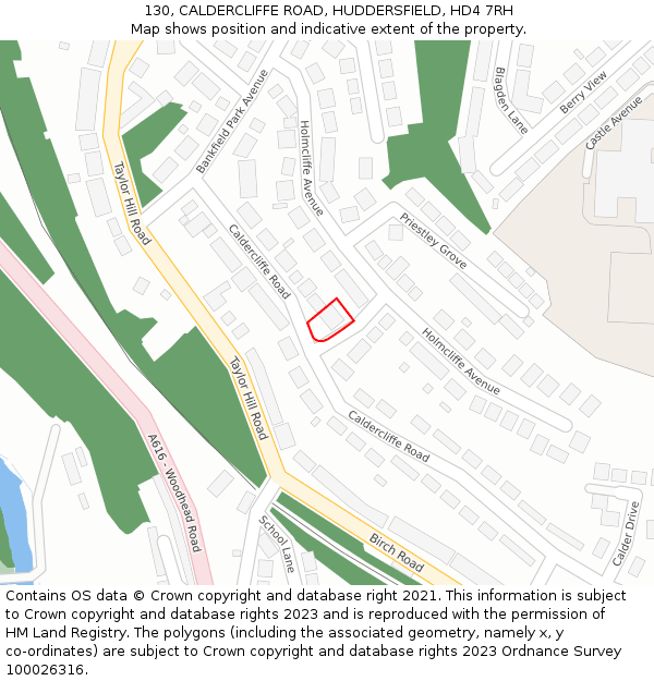 130, CALDERCLIFFE ROAD, HUDDERSFIELD, HD4 7RH: Location map and indicative extent of plot