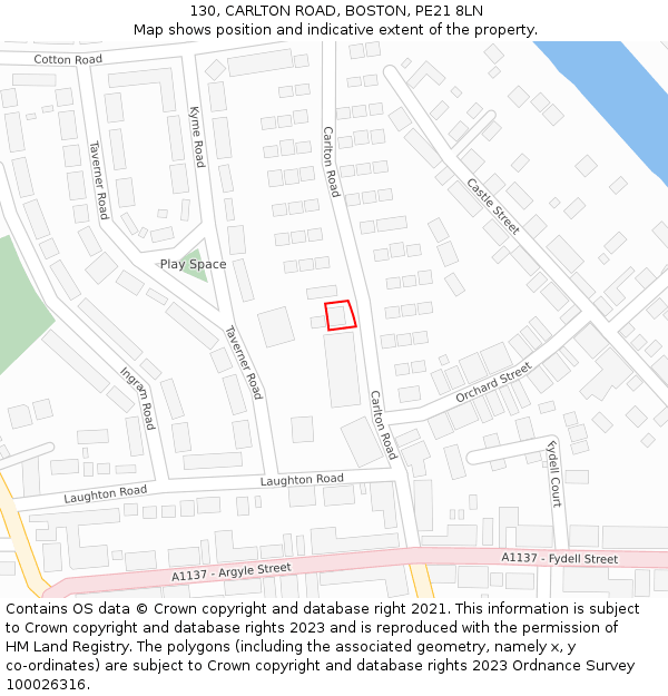 130, CARLTON ROAD, BOSTON, PE21 8LN: Location map and indicative extent of plot