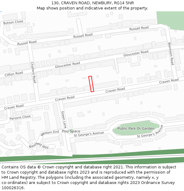 130, CRAVEN ROAD, NEWBURY, RG14 5NR: Location map and indicative extent of plot
