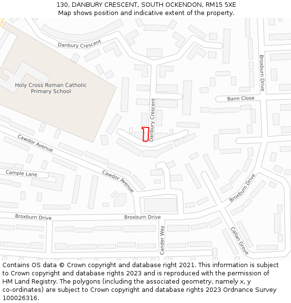 130, DANBURY CRESCENT, SOUTH OCKENDON, RM15 5XE: Location map and indicative extent of plot