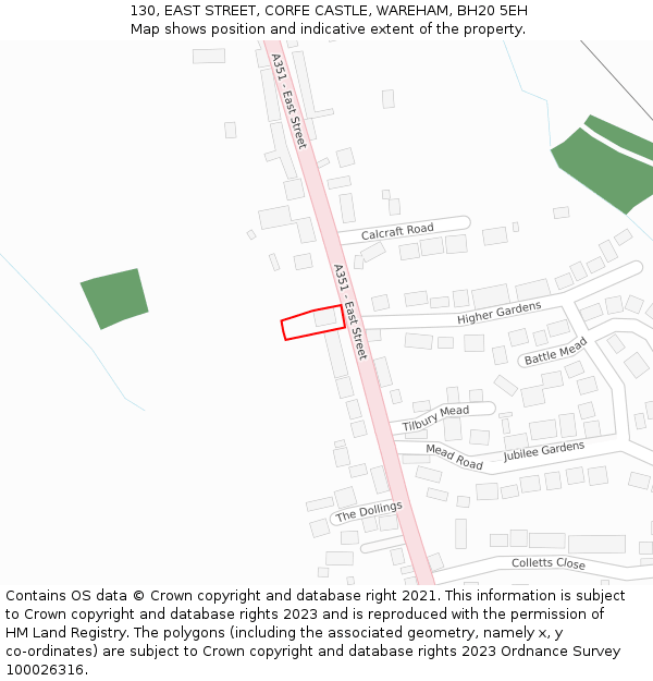 130, EAST STREET, CORFE CASTLE, WAREHAM, BH20 5EH: Location map and indicative extent of plot
