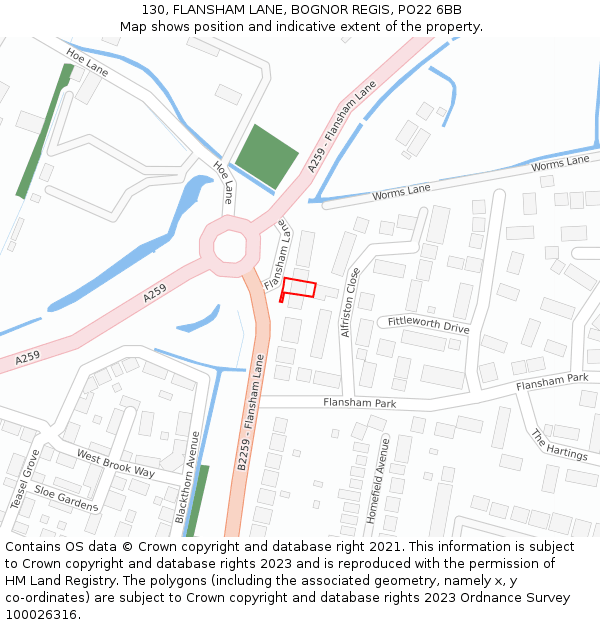 130, FLANSHAM LANE, BOGNOR REGIS, PO22 6BB: Location map and indicative extent of plot