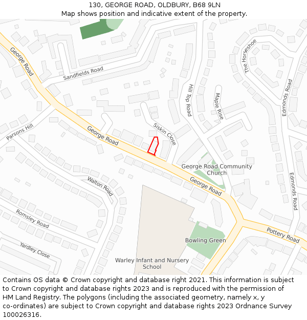 130, GEORGE ROAD, OLDBURY, B68 9LN: Location map and indicative extent of plot