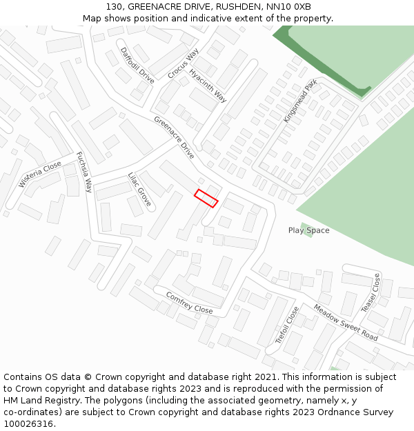 130, GREENACRE DRIVE, RUSHDEN, NN10 0XB: Location map and indicative extent of plot