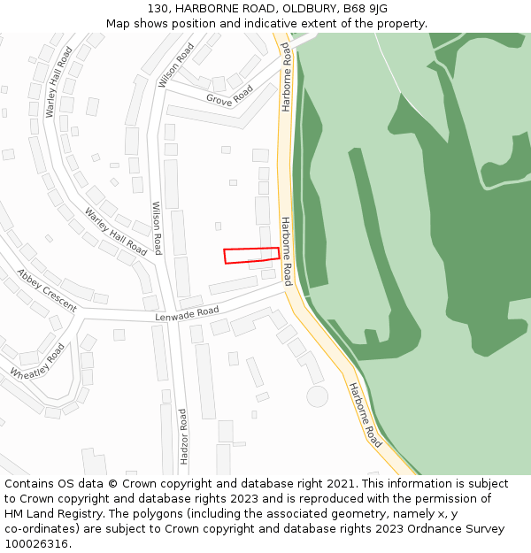 130, HARBORNE ROAD, OLDBURY, B68 9JG: Location map and indicative extent of plot