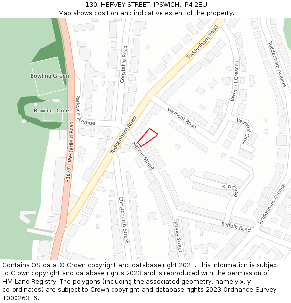 130, HERVEY STREET, IPSWICH, IP4 2EU: Location map and indicative extent of plot