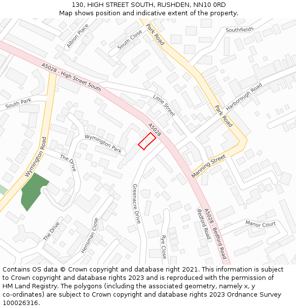 130, HIGH STREET SOUTH, RUSHDEN, NN10 0RD: Location map and indicative extent of plot