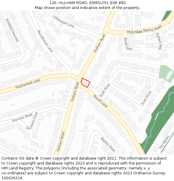 130, HULHAM ROAD, EXMOUTH, EX8 4RD: Location map and indicative extent of plot