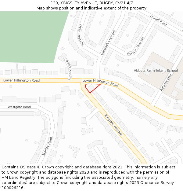 130, KINGSLEY AVENUE, RUGBY, CV21 4JZ: Location map and indicative extent of plot