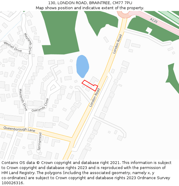 130, LONDON ROAD, BRAINTREE, CM77 7PU: Location map and indicative extent of plot