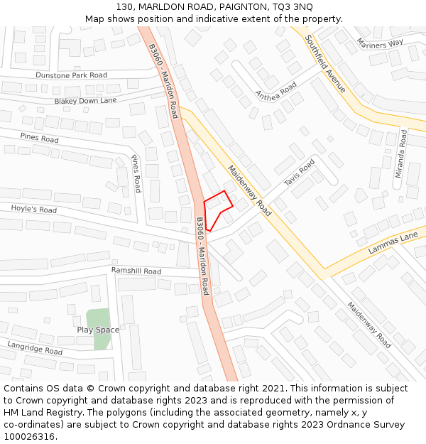 130, MARLDON ROAD, PAIGNTON, TQ3 3NQ: Location map and indicative extent of plot