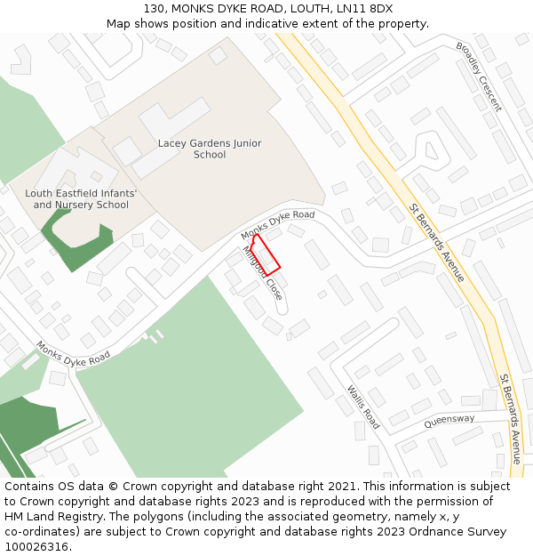 130, MONKS DYKE ROAD, LOUTH, LN11 8DX: Location map and indicative extent of plot