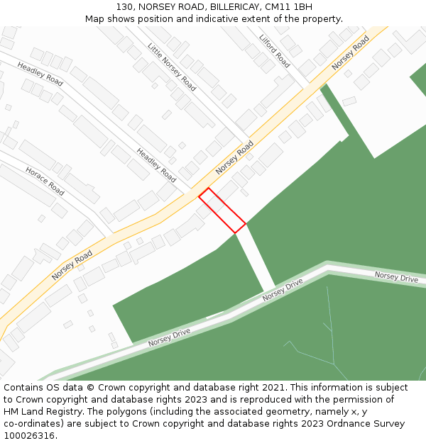 130, NORSEY ROAD, BILLERICAY, CM11 1BH: Location map and indicative extent of plot