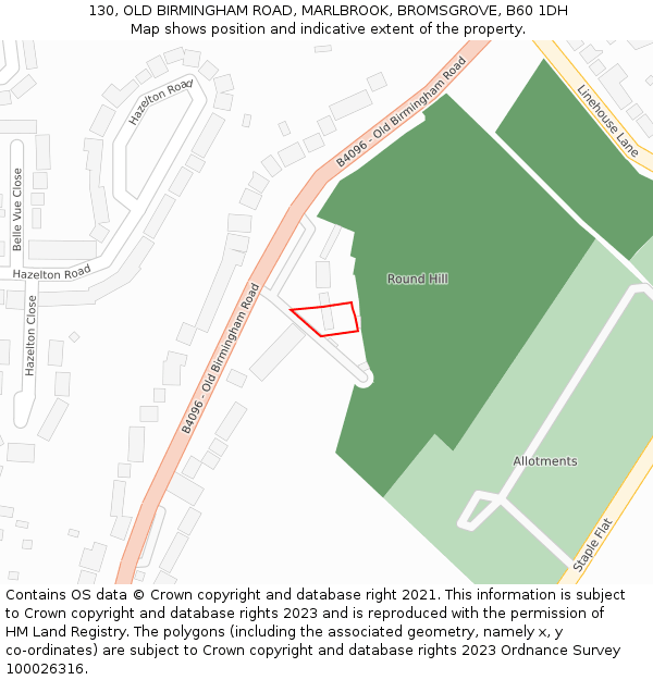 130, OLD BIRMINGHAM ROAD, MARLBROOK, BROMSGROVE, B60 1DH: Location map and indicative extent of plot