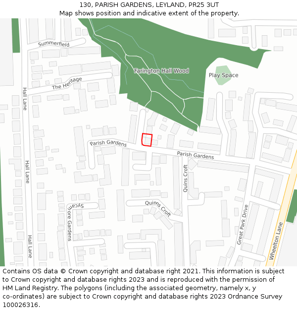 130, PARISH GARDENS, LEYLAND, PR25 3UT: Location map and indicative extent of plot