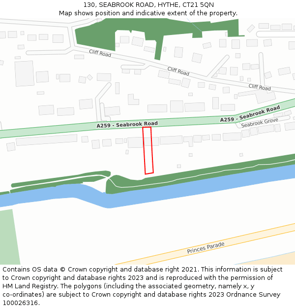 130, SEABROOK ROAD, HYTHE, CT21 5QN: Location map and indicative extent of plot