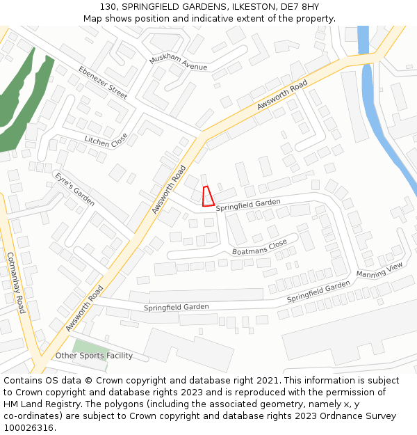 130, SPRINGFIELD GARDENS, ILKESTON, DE7 8HY: Location map and indicative extent of plot