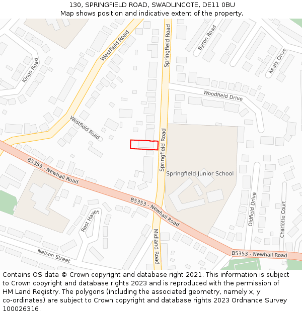 130, SPRINGFIELD ROAD, SWADLINCOTE, DE11 0BU: Location map and indicative extent of plot