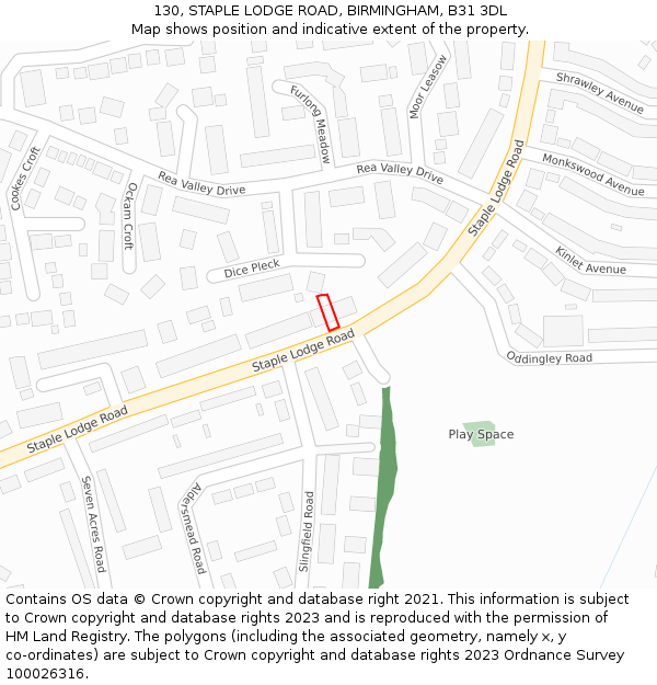130, STAPLE LODGE ROAD, BIRMINGHAM, B31 3DL: Location map and indicative extent of plot