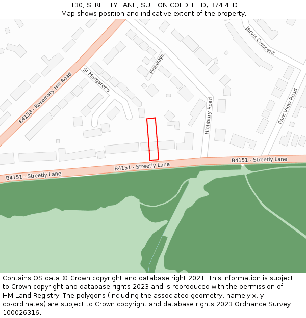 130, STREETLY LANE, SUTTON COLDFIELD, B74 4TD: Location map and indicative extent of plot