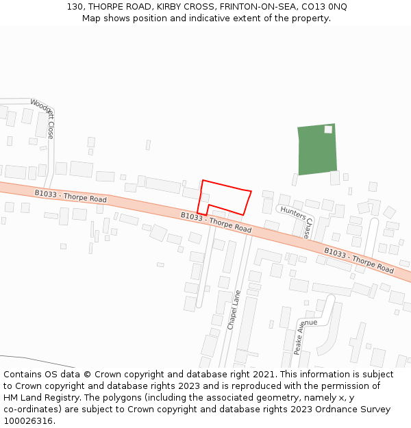 130, THORPE ROAD, KIRBY CROSS, FRINTON-ON-SEA, CO13 0NQ: Location map and indicative extent of plot