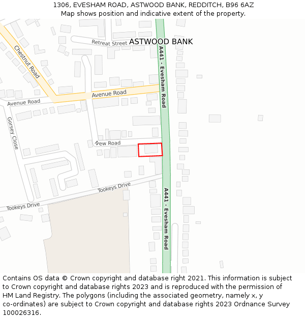 1306, EVESHAM ROAD, ASTWOOD BANK, REDDITCH, B96 6AZ: Location map and indicative extent of plot