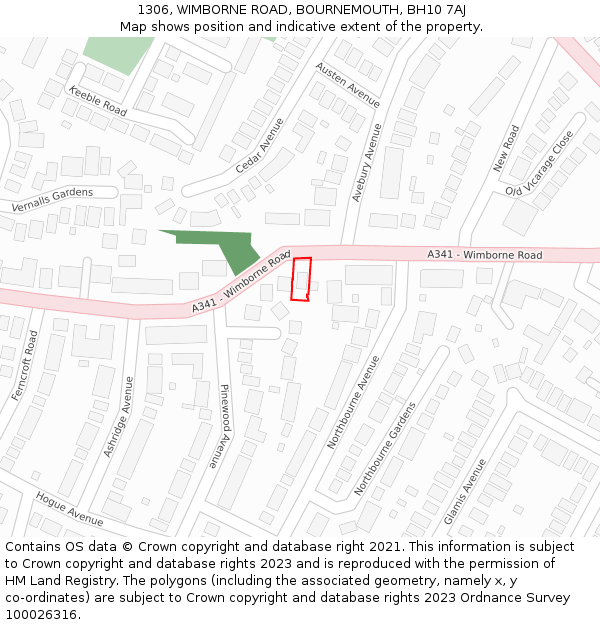 1306, WIMBORNE ROAD, BOURNEMOUTH, BH10 7AJ: Location map and indicative extent of plot