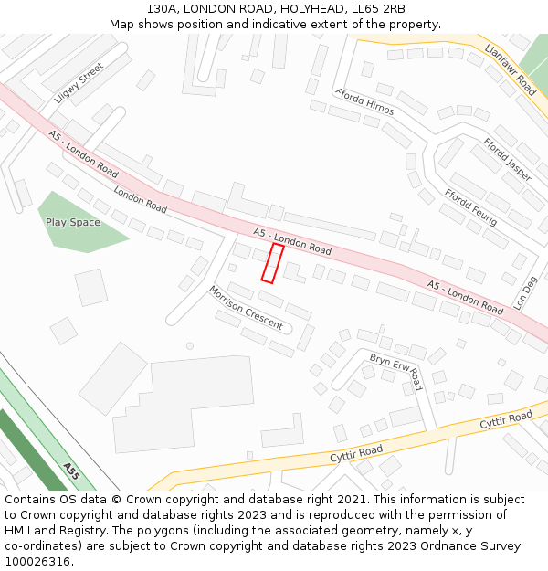 130A, LONDON ROAD, HOLYHEAD, LL65 2RB: Location map and indicative extent of plot