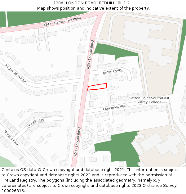 130A, LONDON ROAD, REDHILL, RH1 2JU: Location map and indicative extent of plot