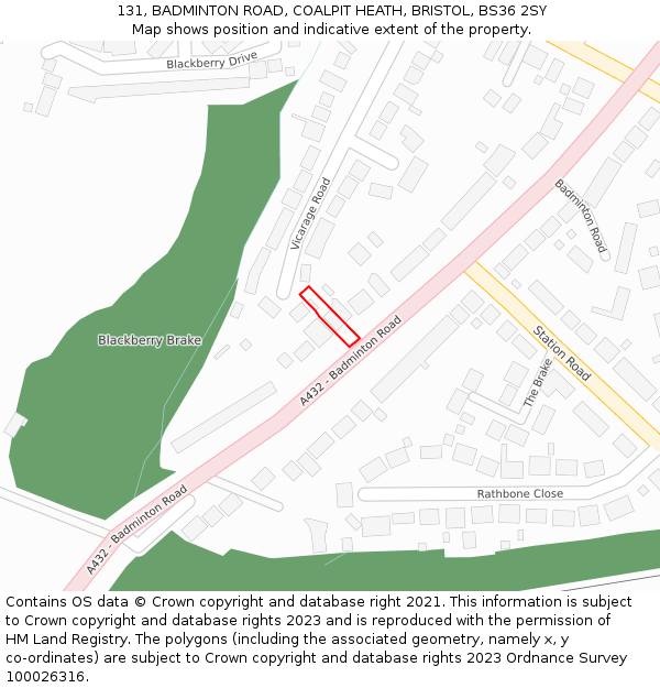 131, BADMINTON ROAD, COALPIT HEATH, BRISTOL, BS36 2SY: Location map and indicative extent of plot