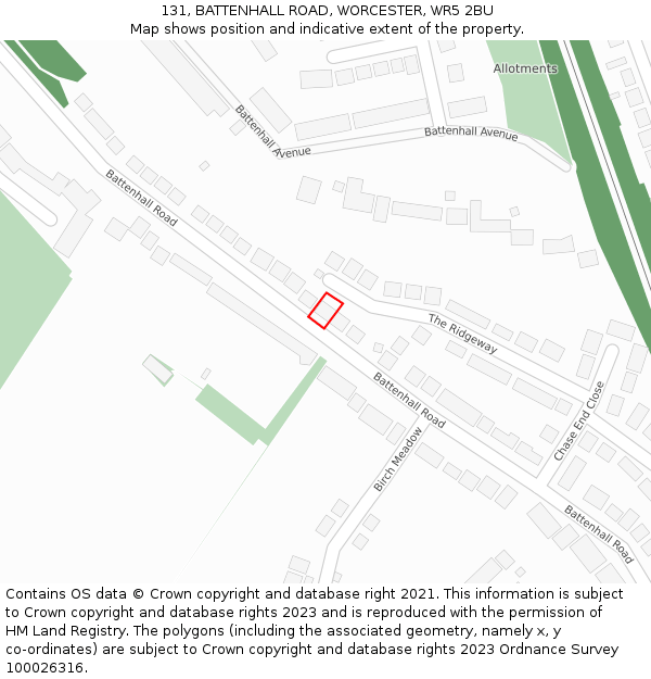 131, BATTENHALL ROAD, WORCESTER, WR5 2BU: Location map and indicative extent of plot