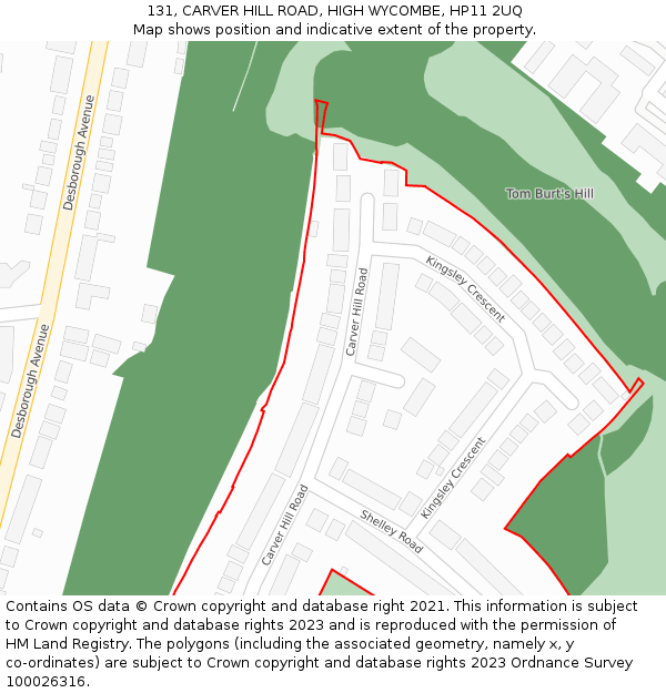 131, CARVER HILL ROAD, HIGH WYCOMBE, HP11 2UQ: Location map and indicative extent of plot