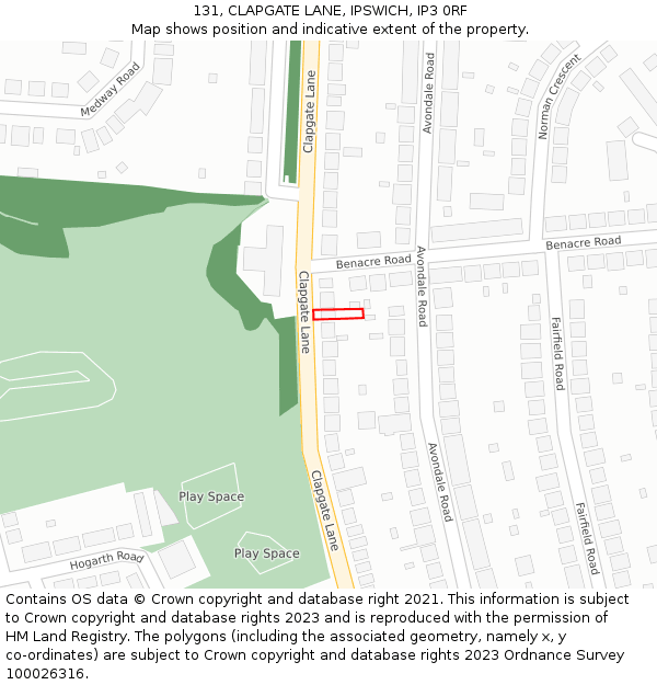 131, CLAPGATE LANE, IPSWICH, IP3 0RF: Location map and indicative extent of plot