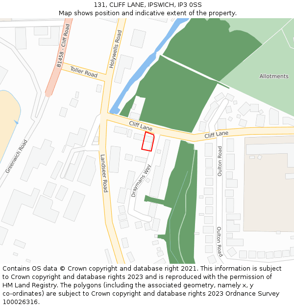 131, CLIFF LANE, IPSWICH, IP3 0SS: Location map and indicative extent of plot