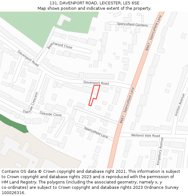 131, DAVENPORT ROAD, LEICESTER, LE5 6SE: Location map and indicative extent of plot