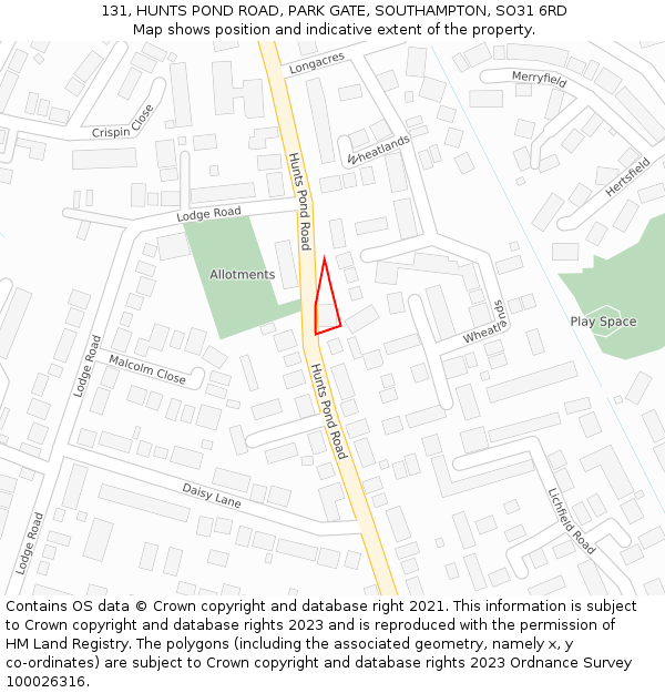 131, HUNTS POND ROAD, PARK GATE, SOUTHAMPTON, SO31 6RD: Location map and indicative extent of plot
