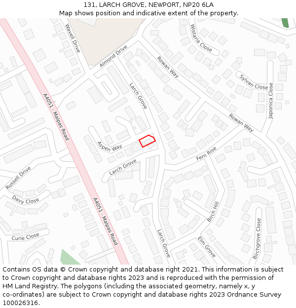 131, LARCH GROVE, NEWPORT, NP20 6LA: Location map and indicative extent of plot