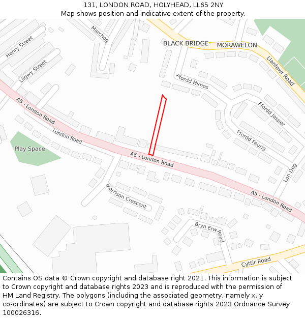 131, LONDON ROAD, HOLYHEAD, LL65 2NY: Location map and indicative extent of plot