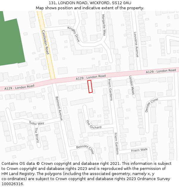 131, LONDON ROAD, WICKFORD, SS12 0AU: Location map and indicative extent of plot