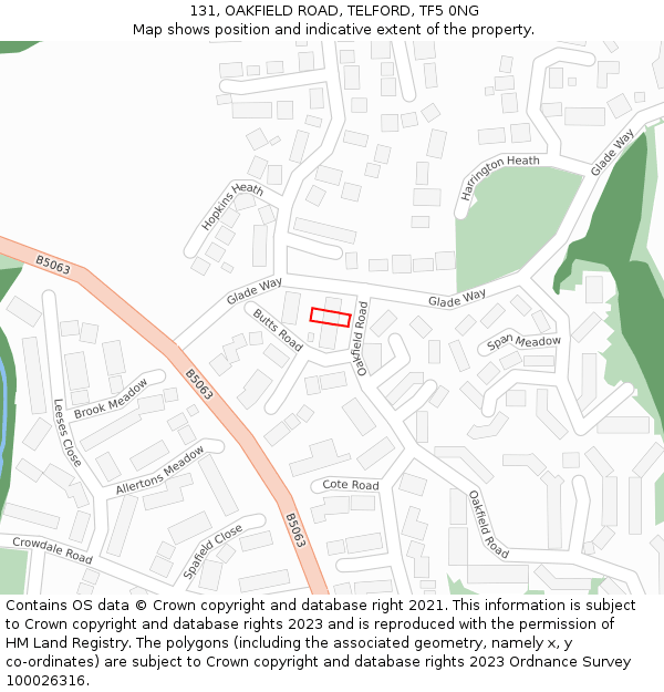 131, OAKFIELD ROAD, TELFORD, TF5 0NG: Location map and indicative extent of plot