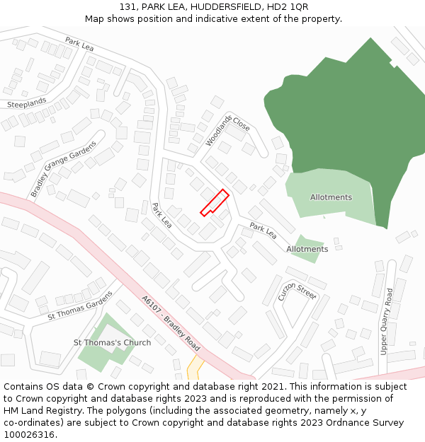 131, PARK LEA, HUDDERSFIELD, HD2 1QR: Location map and indicative extent of plot