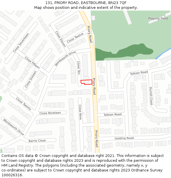 131, PRIORY ROAD, EASTBOURNE, BN23 7QF: Location map and indicative extent of plot